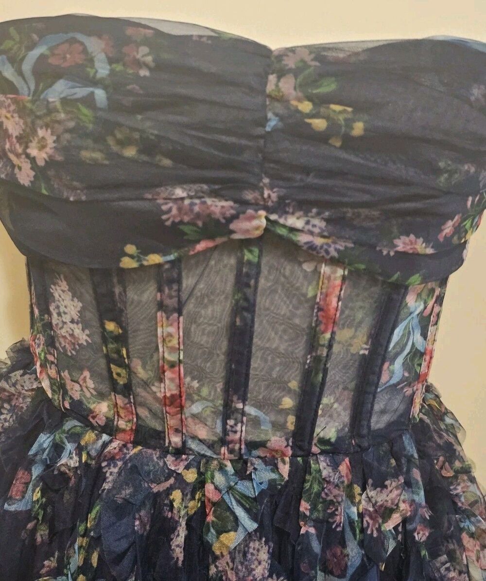 LULUS Stunning Element Navy Floral Mesh Ruffled Strapless Maxi Dress Size Small - Picture 7 of 13